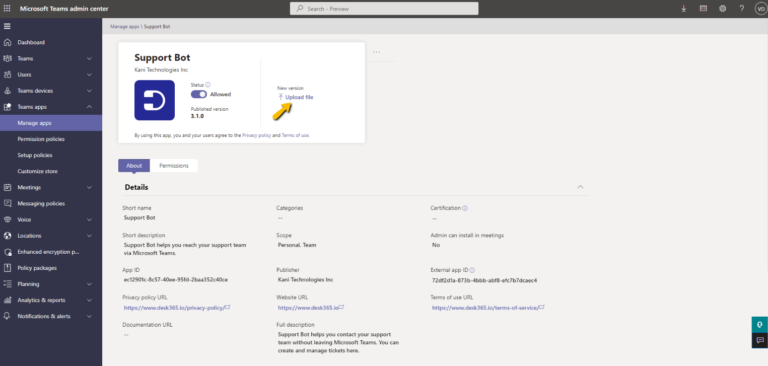 upload a new version of the support bot in Microsoft Teams admin center