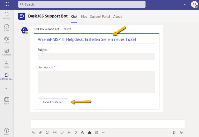 creating a new ticket in support bot german language