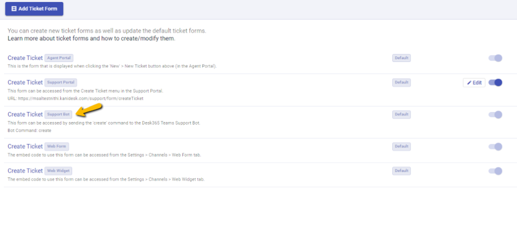 create ticket default form in support bot