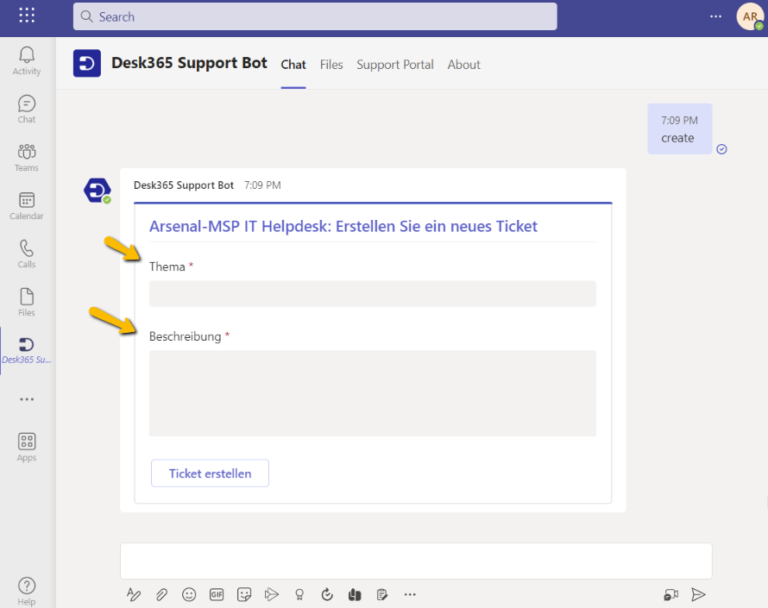 subject and description appears in German language in support bot