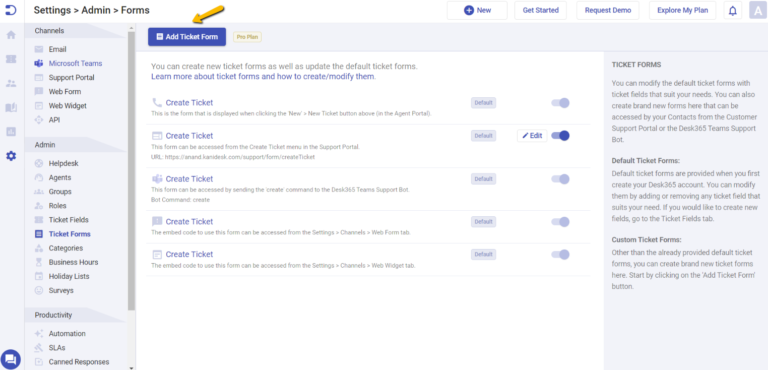 adding ticket form in Desk365
