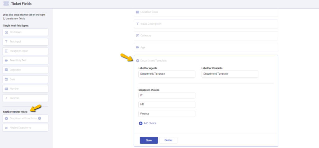 department template multi-level dropdown field in Desk365