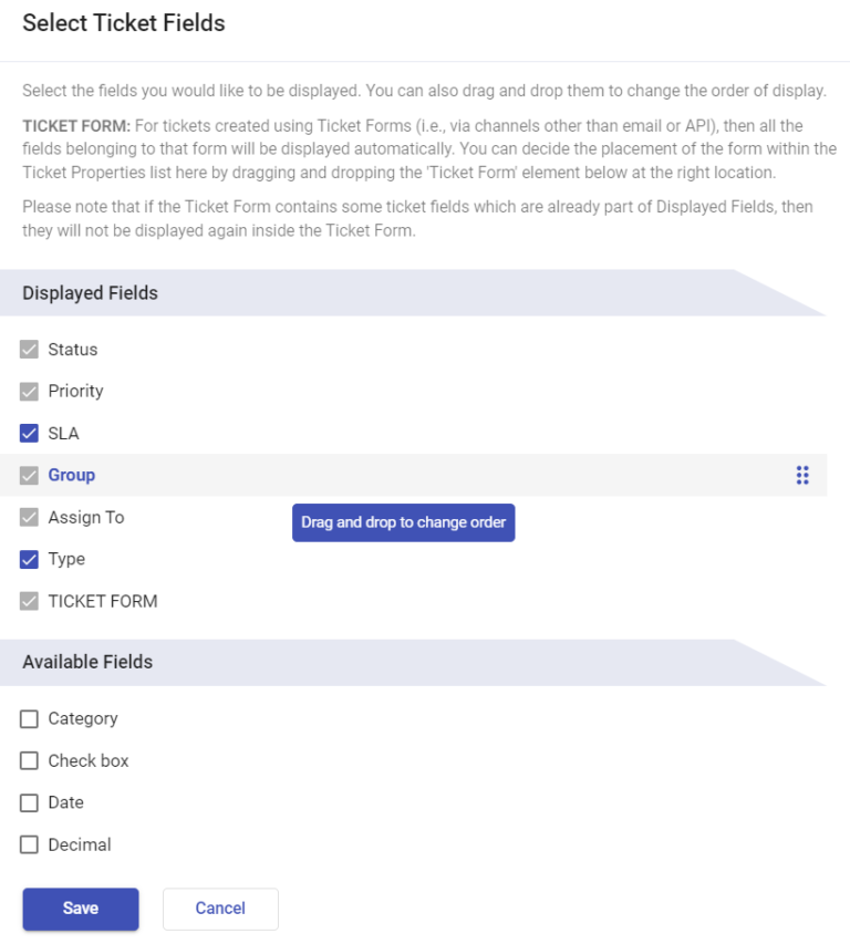 drag and drop the ticket fields in the ticket properties menu
