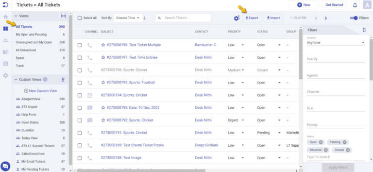 export all tickets in the agent portal in Desk365