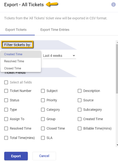 filter the export by choosing one of the following options