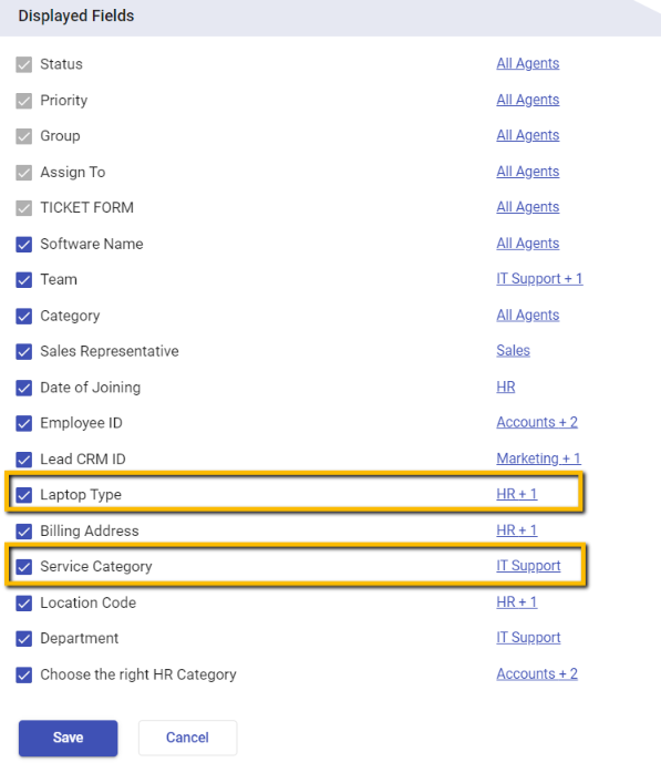 ticket fields configurations