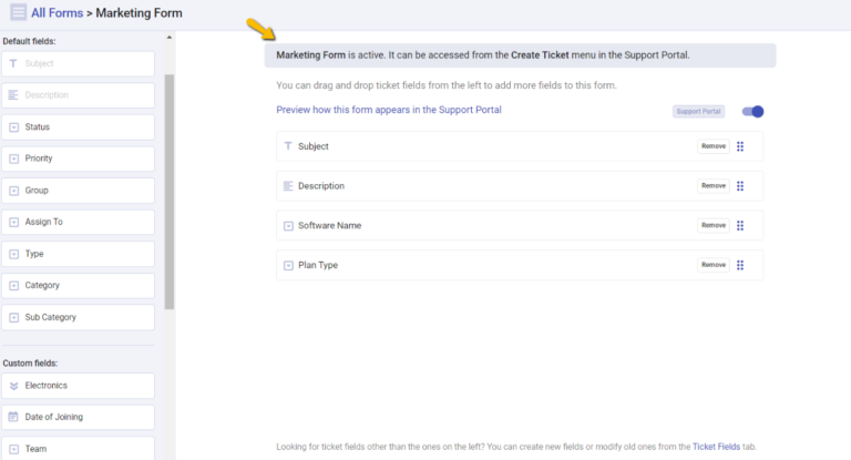 choose the fields to be displayed in the marketing form