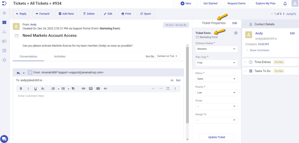 marketing form appears in ticket properties dialog box