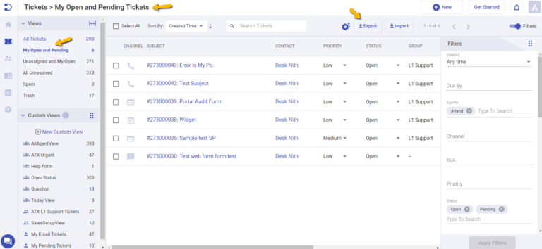 open and pending tickets view