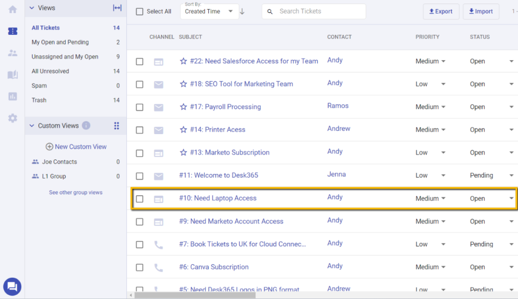 choosing a particular ticket in tickets list page in Desk365