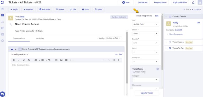 ticket properties menu in Desk365