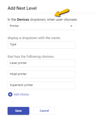 type of printer nested dropdown