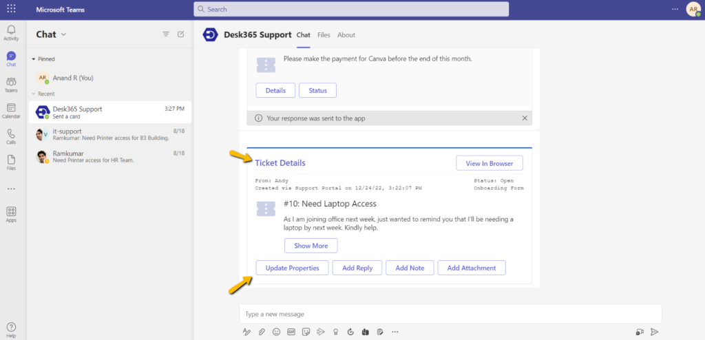 update properties button in the ticket details card