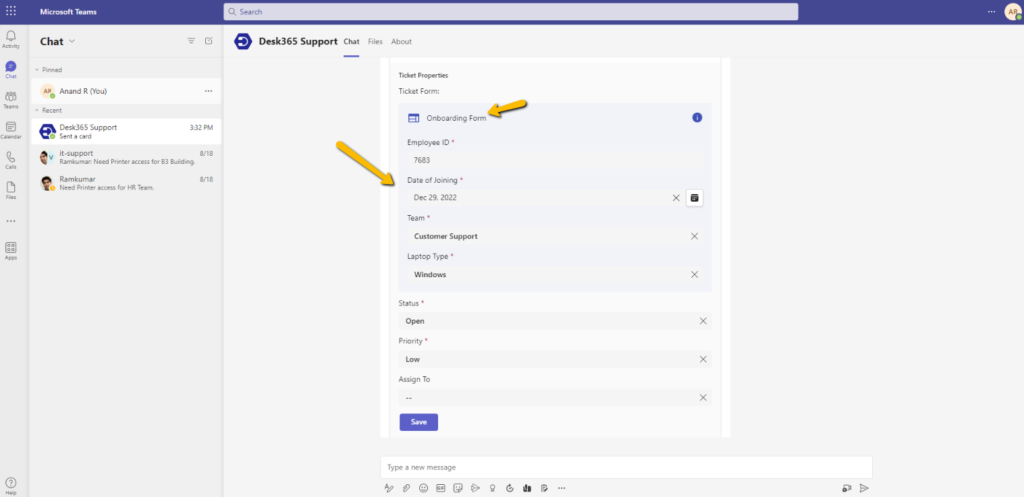 updating ticket properties in the onboarding form