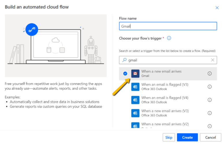 choosing gmail as trigger in power automate