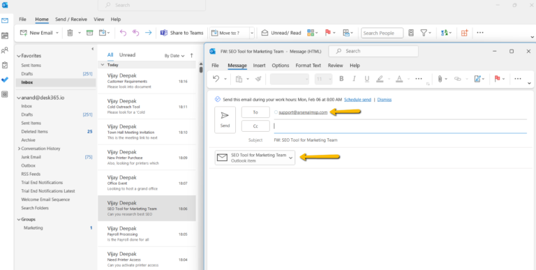 forwarding emails from outlook app to helpdesk system