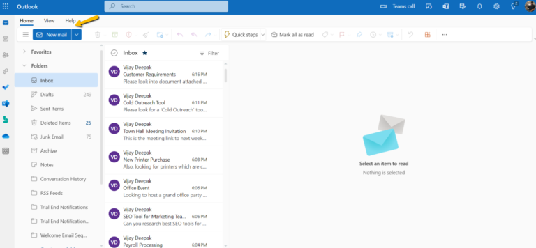 new email button option in Outlook