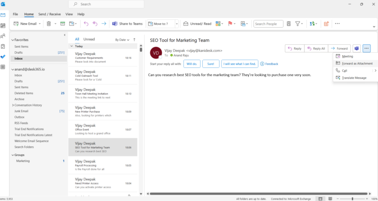 select the forward as Attachment option in the Outlook app