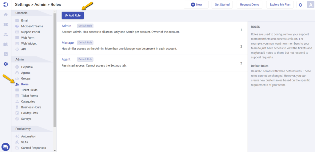 adding a new custom role in Desk365