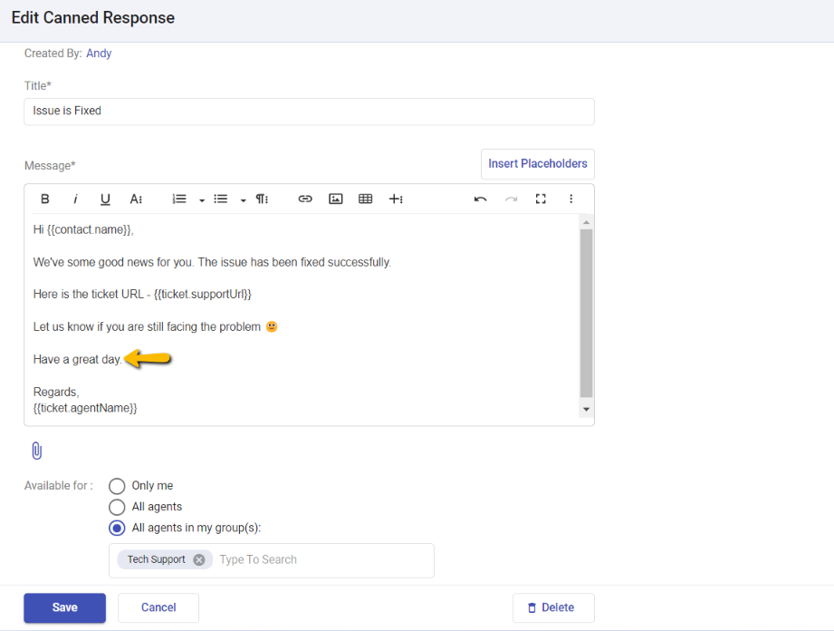 edting a given canned response with more text