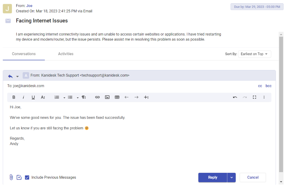 canned response auto-populates on a ticket