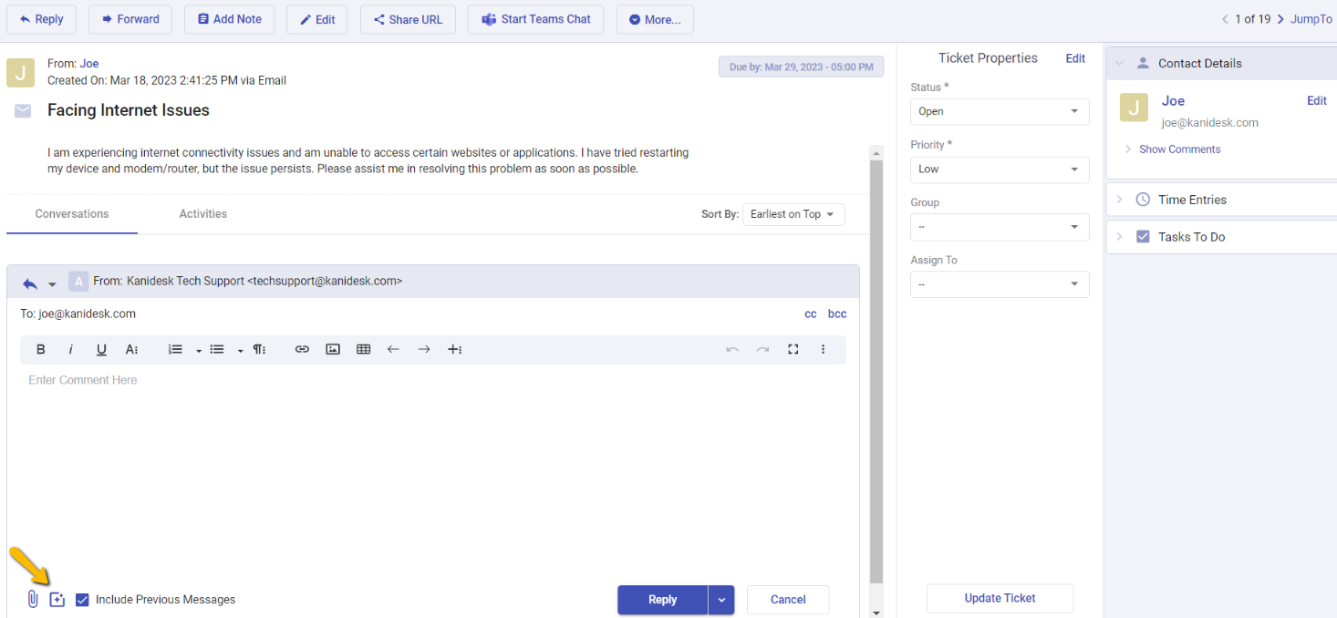 canned response button in the ticket reply editor in Desk365