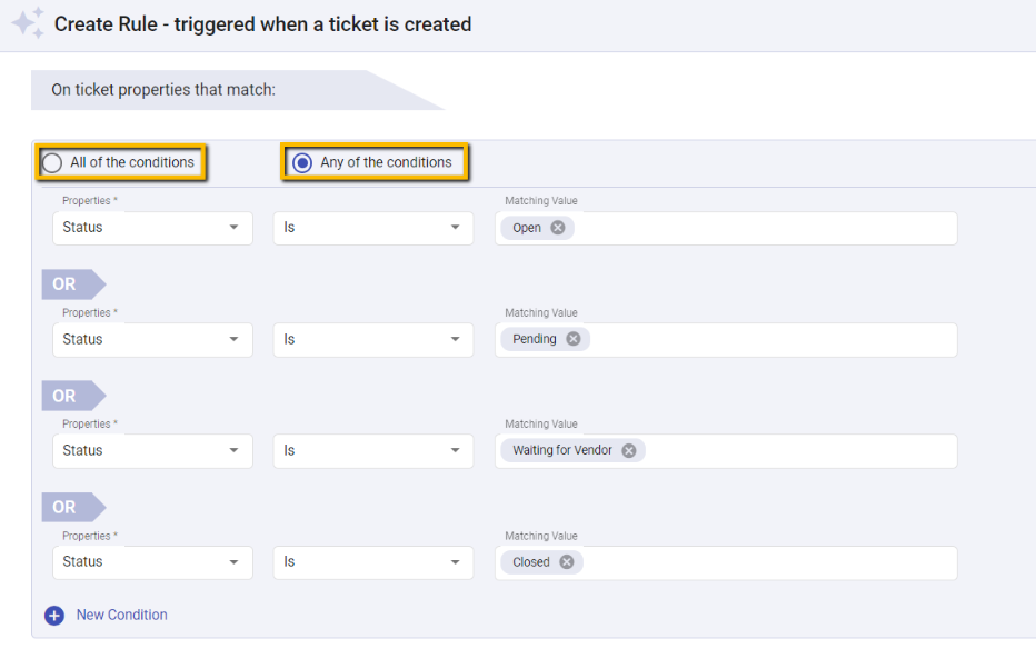 choosing any of the condition matched by status in ticket creation automation rule