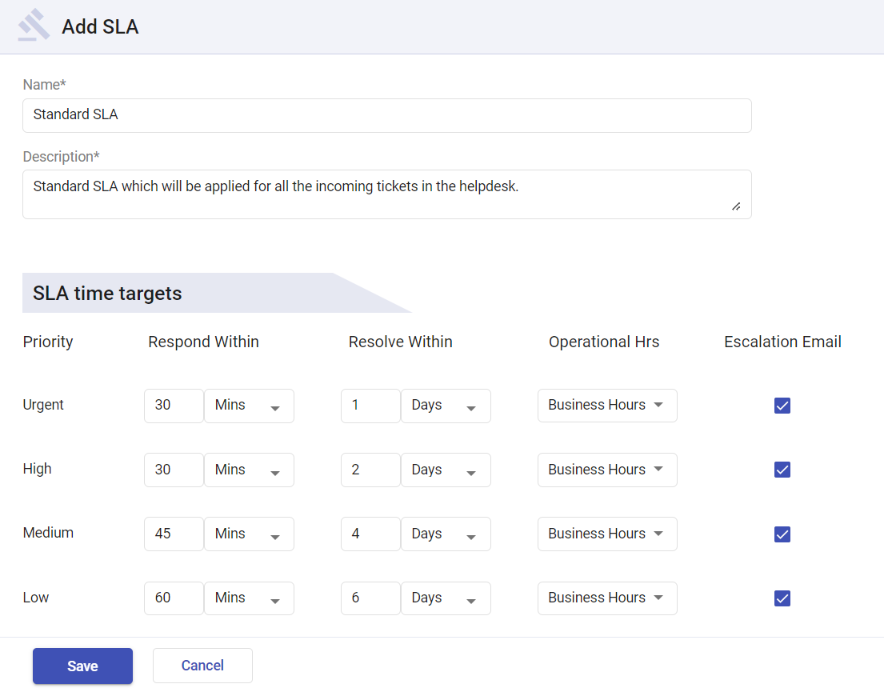 creating a new SLA policy in Desk365 helpdesk