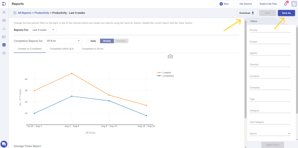 download and saving options in productivity reports