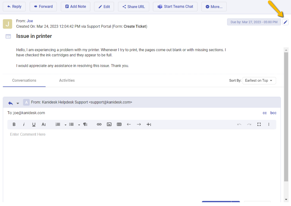 editing due date for a given ticket