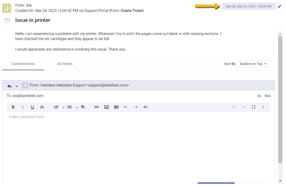 new due date is successfully reflecting on the ticket