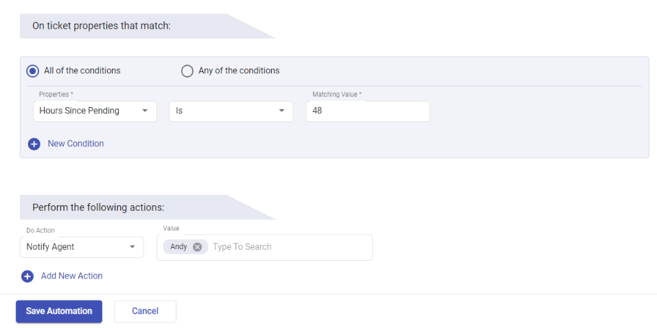 notify support agents when ticket is in pending stage for more than 48 hours
