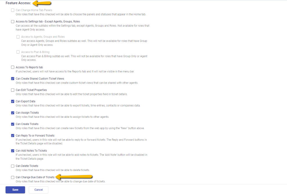 feature access screen in custom roles in Desk365