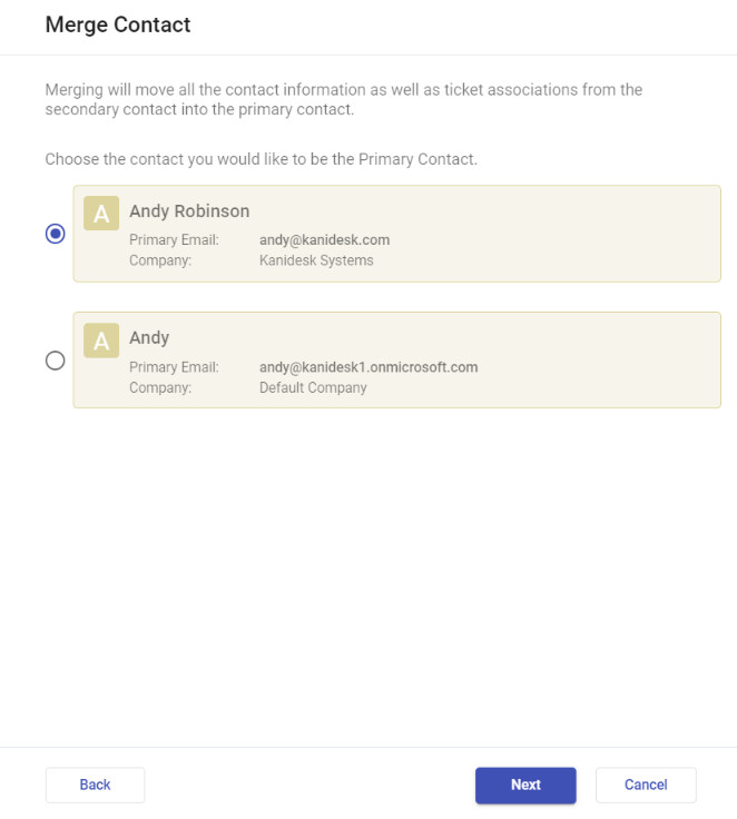 choose the contact you would like to have as the primary contact for the ticket