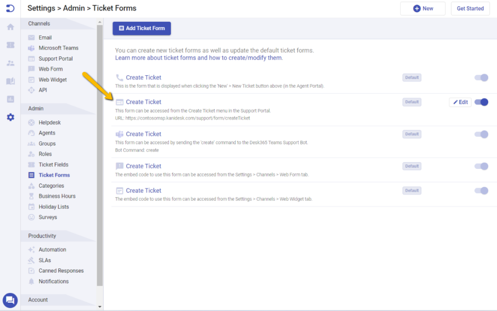 click on the create ticket form in the support portal