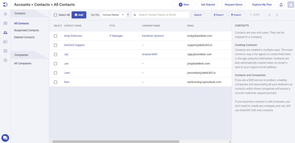 Contacts tab in Desk365