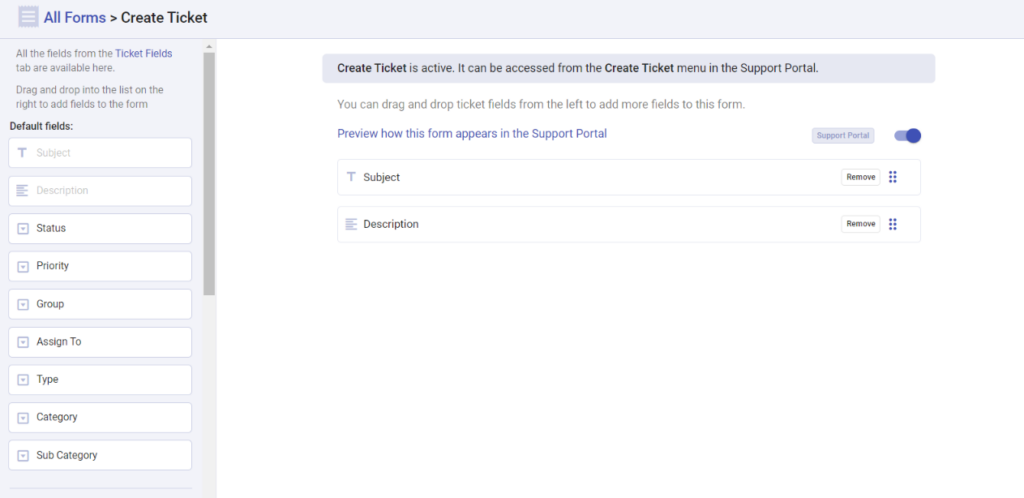 default ticket fields in the create ticket form in the support portal
