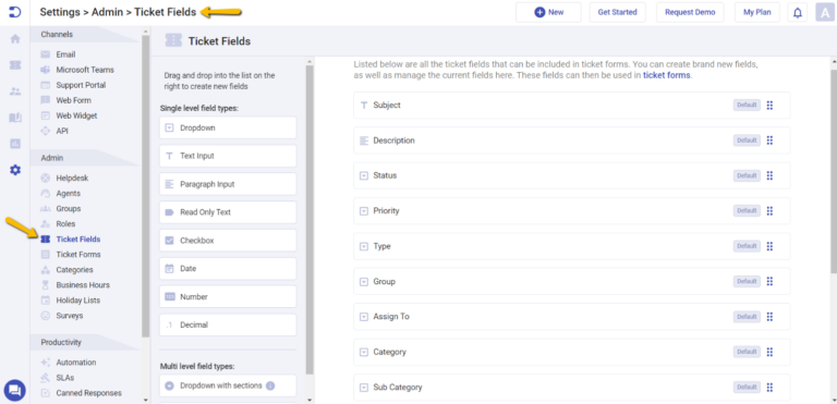 ticket fields tab in Desk365