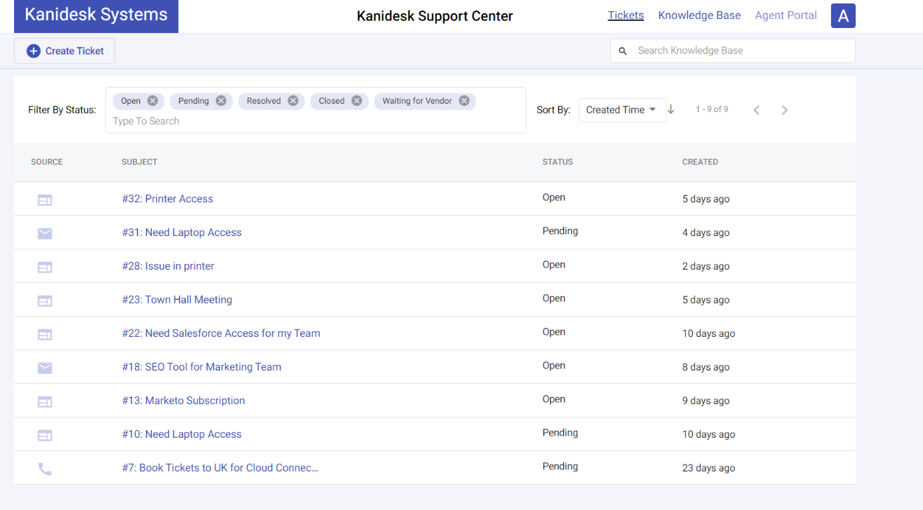 tickets list in the support portal
