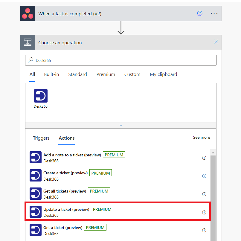 Select “Update a Ticket” action.