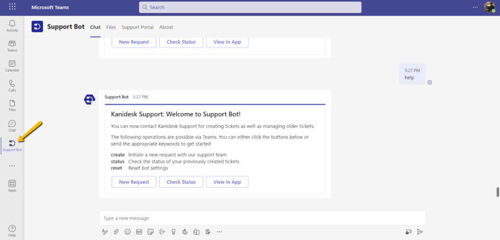 choosing support bot from Teams
