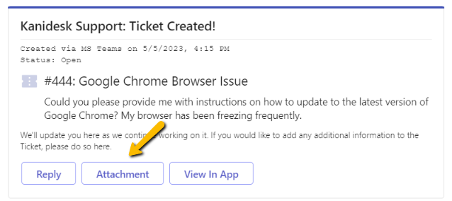 attachment option in the ticket created card in the support bot