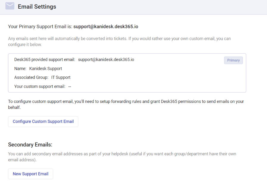configuring custom support email in Desk365