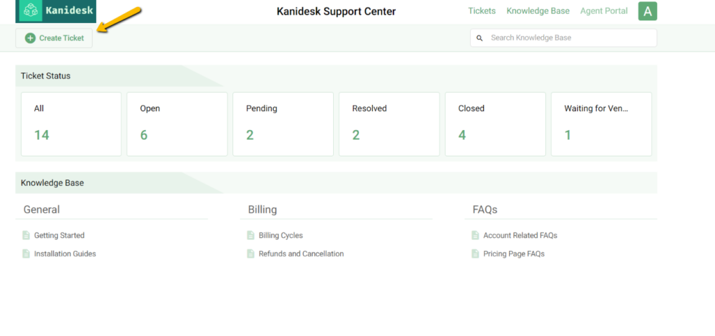 create ticket button in the support portal