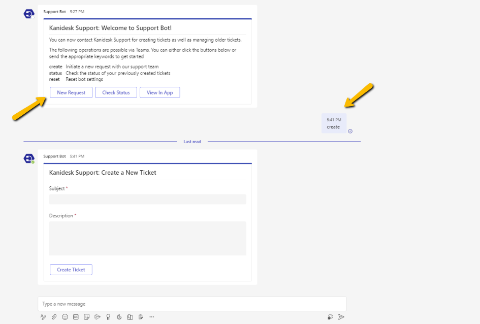 creating a new ticket in the support bot