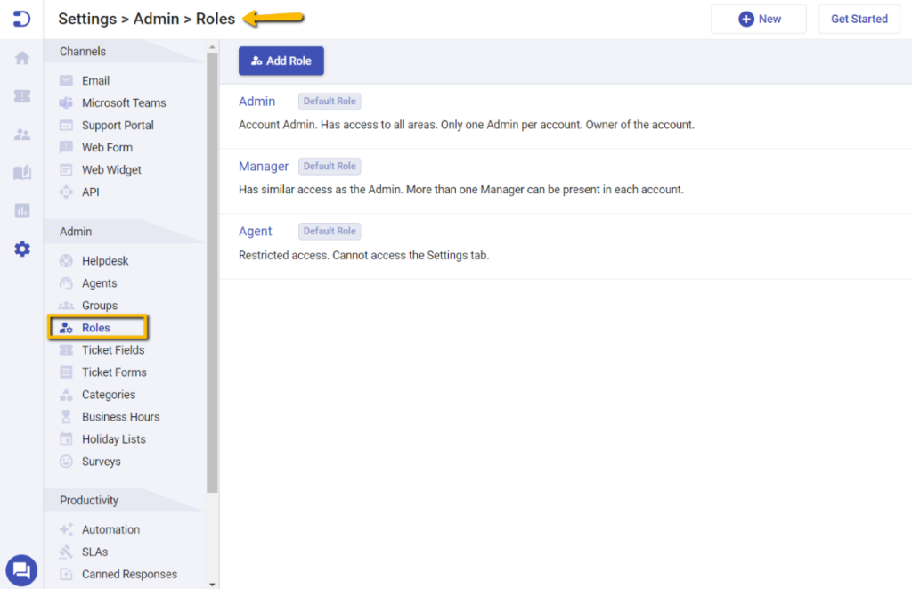 Roles tab in Desk365