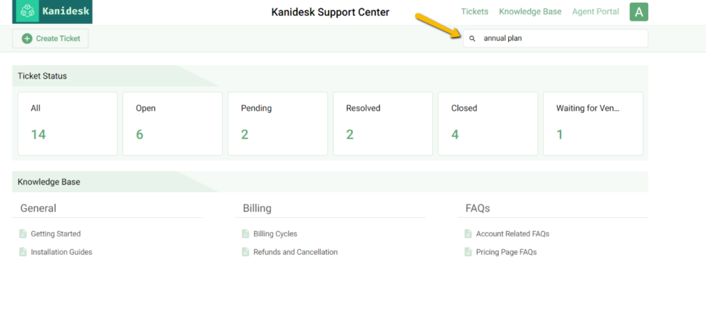 searching for help center articles in the knowledge base