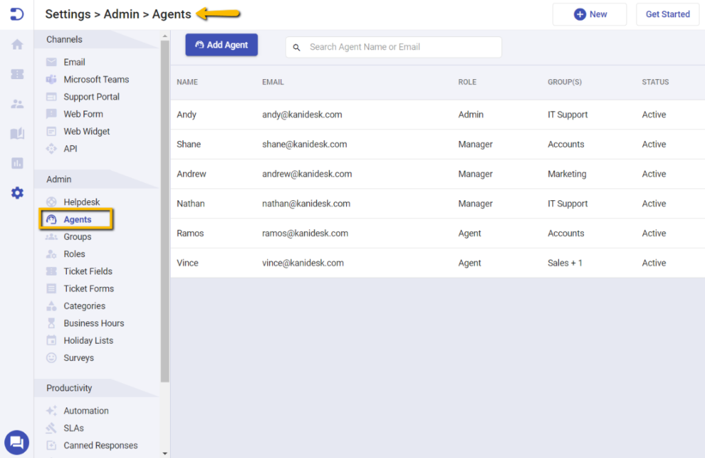 agents tab in Desk365