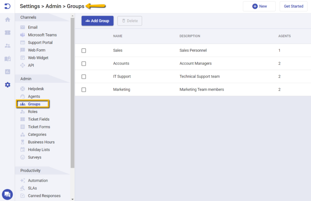 Groups tab in Desk365