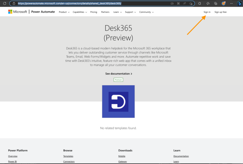 Sign in to use the desk365 power automate connector